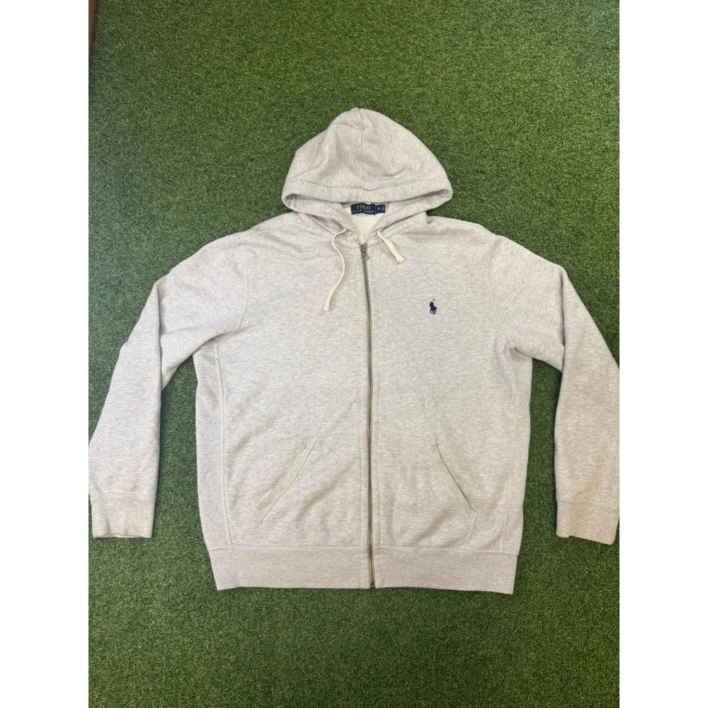 Polo Ralph Lauren Mens XL Heather Gray Full Zip‎ Fleece Hoodie Navy Pony Logo